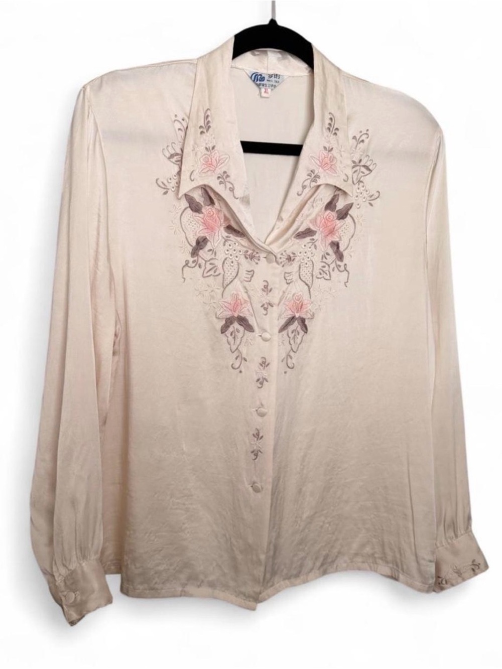 Vintage Chinese Silk Embroidered Blouse Women’s Top Ivory Silk XL